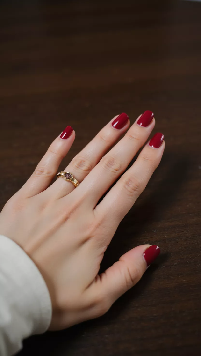 Deep Red Cherry Red Glossy Finish close-up shot of a woman’s hand with five fingers showing nails with a rich, highly reflective cherry red glossy nail polish, dark wooden table background.