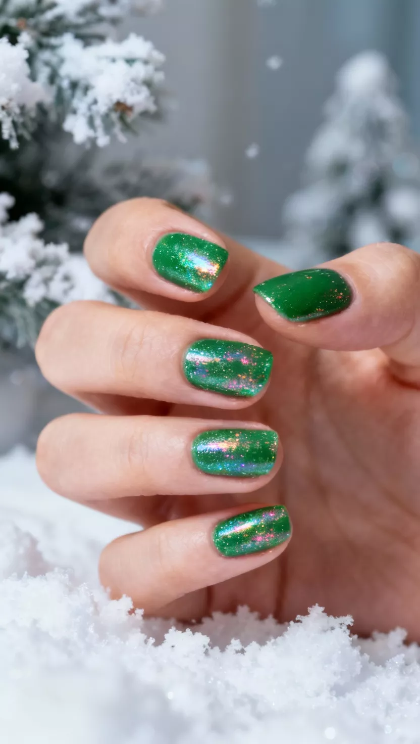 Holographic Green Sparkle close-up shot of a woman’s hand with five fingers showing nails with a vibrant medium green polish infused with fine holographic rainbow sparkle, artificial snow texture in the room background.