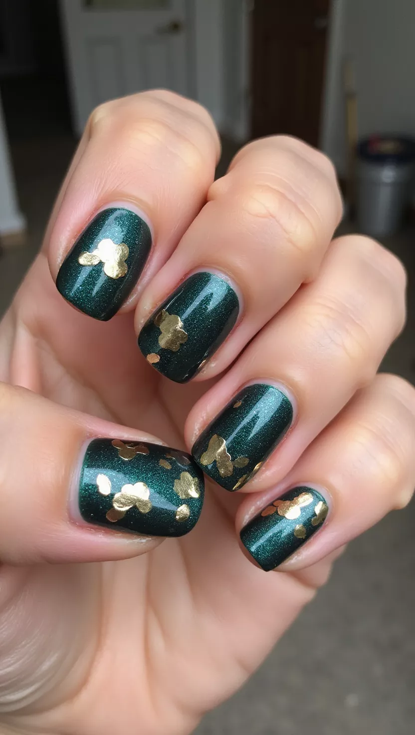 Metallic Teal Foil Accents close-up photo of a woman’s hand with five fingers showing nails with a dark metallic teal base with haphazardly placed gold foil flakes, room background