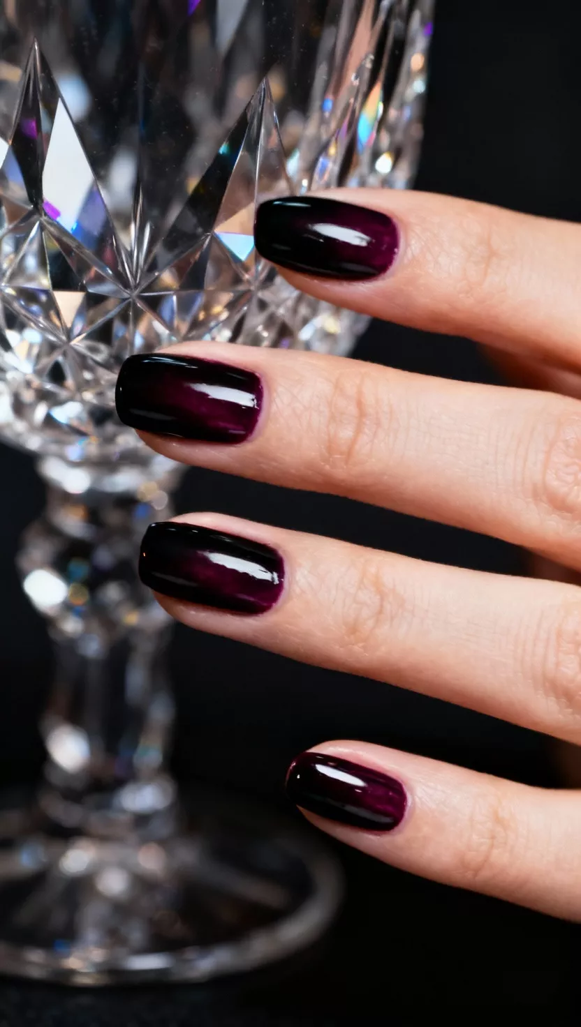 close-up shot of a woman’s hand with five fingers showing nails with a hyper glossy, bruised black cherry polish, crystal glassware background.