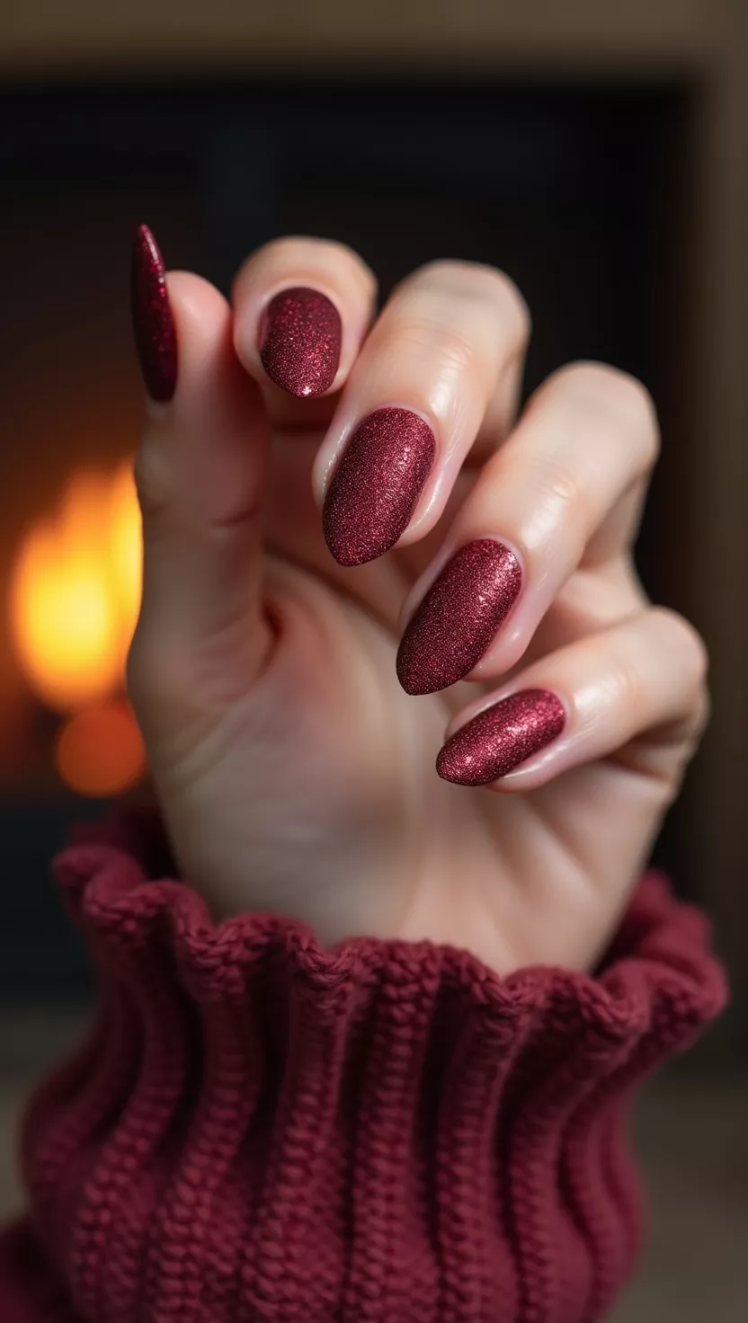 close-up shot of a woman’s hand with five fingers showing nails coated in a deep maroon polish that has a unique, velvety, flocked texture, fireplace background.