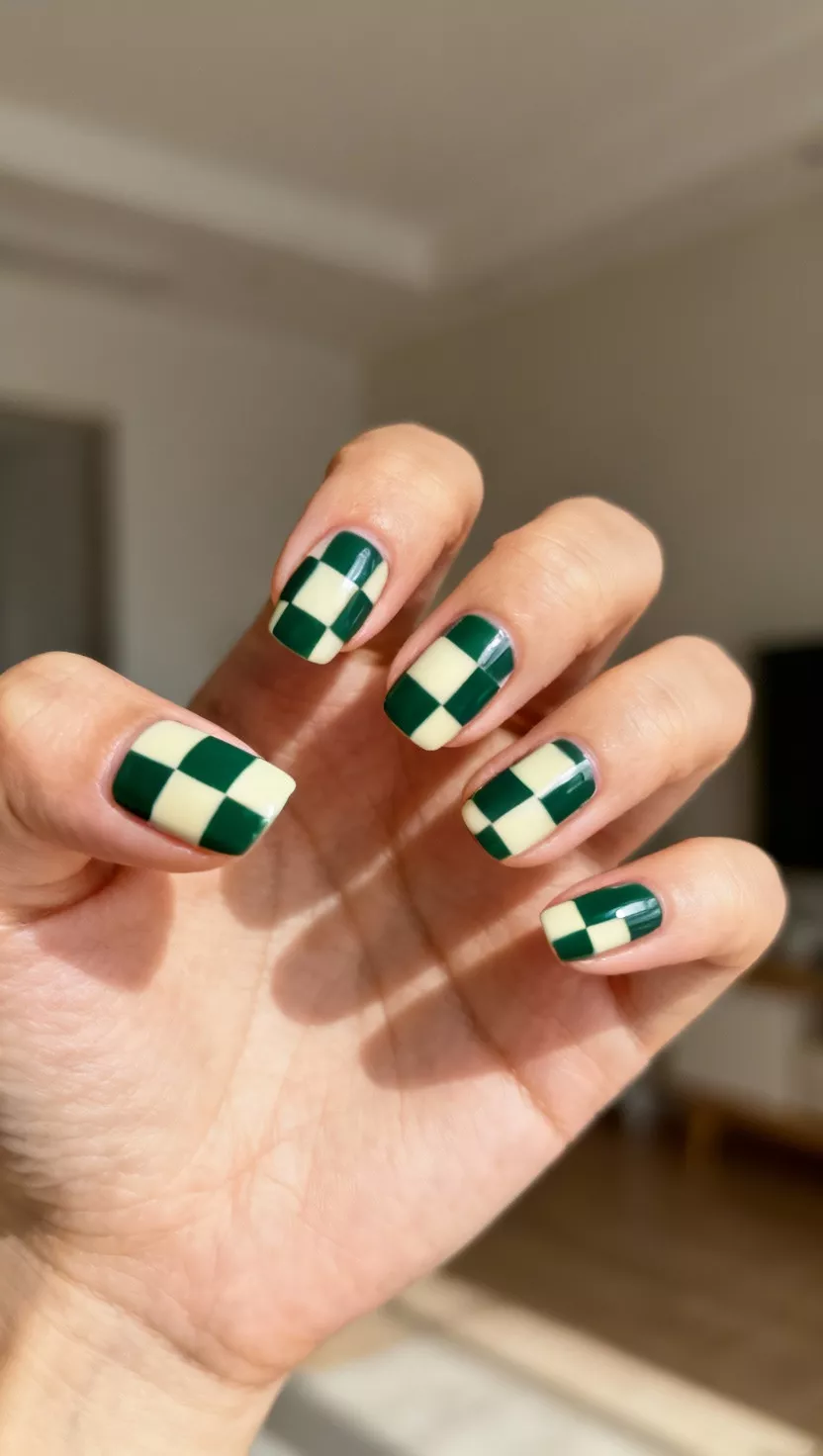 close-up shot of a woman’s hand with five fingers showing nails with alternating squares of deep forest green and a creamy off-white color in a checkerboard pattern, room background.