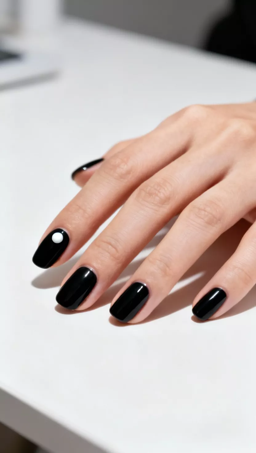 close-up shot of a woman’s hand with five fingers showing nails with four glossy black nails and one accent nail featuring a single, perfectly centered tiny white dot, clean, bright white desk background.