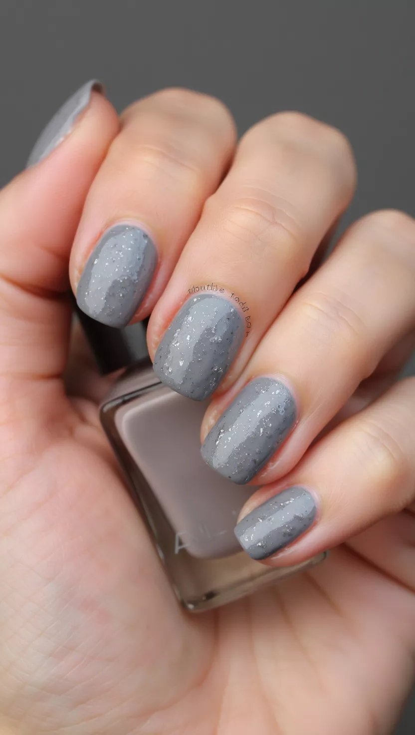 close-up shot of a woman’s hand with five fingers showing nails with a matte, textured pale grey color mimicking the look of granite or sedimentary rock, close-up nail photography, nail polish designs, pinterest aesthetic