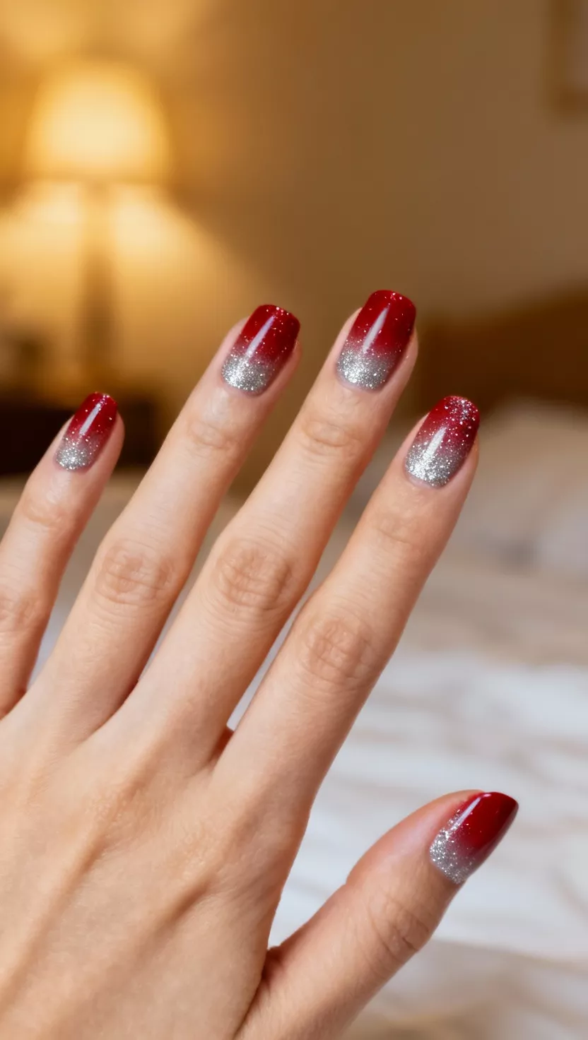 close-up shot of a woman’s hand with five fingers showing nails with a ruby red polish that fades into a fine silver glitter near the tips, soft bedroom lighting background.