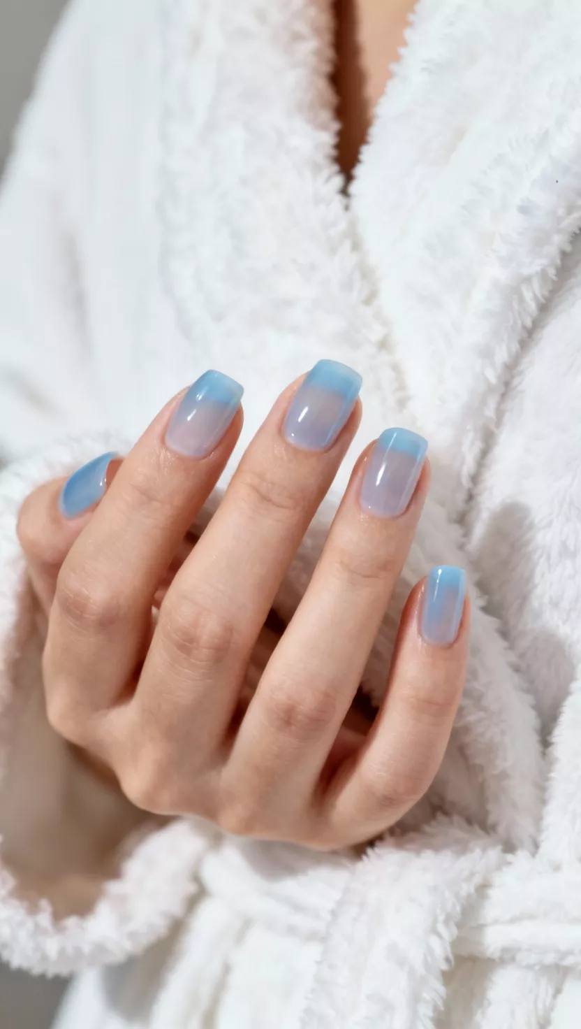 close-up shot of a woman’s hand with five fingers showing nails with a sheer, baby blue polish that looks slightly milky and glossy, a fluffy white robe background.