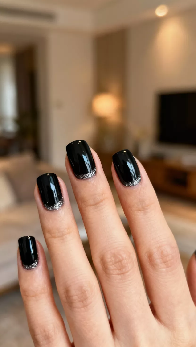 close-up shot of a woman’s hand with five fingers showing nails with glossy black polish and a subtle sprinkle of fine silver glitter concentrated near the cuticle, living room background.