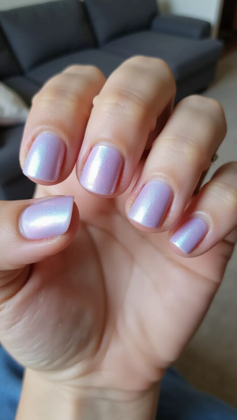 Iridescent Pale Pink close-up shot of a woman’s hand with five fingers showing nails with a milky, sheer pale pink base featuring a strong blue/purple iridescent shift, living room background.
