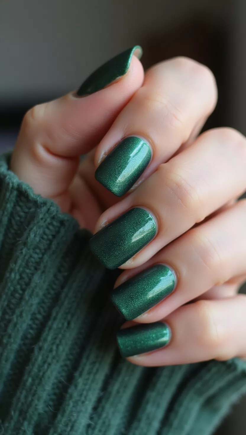 close-up shot of a woman’s hand with five fingers showing nails with a deep forest green chrome that looks soft and textured, resembling velvet fabric, living room background