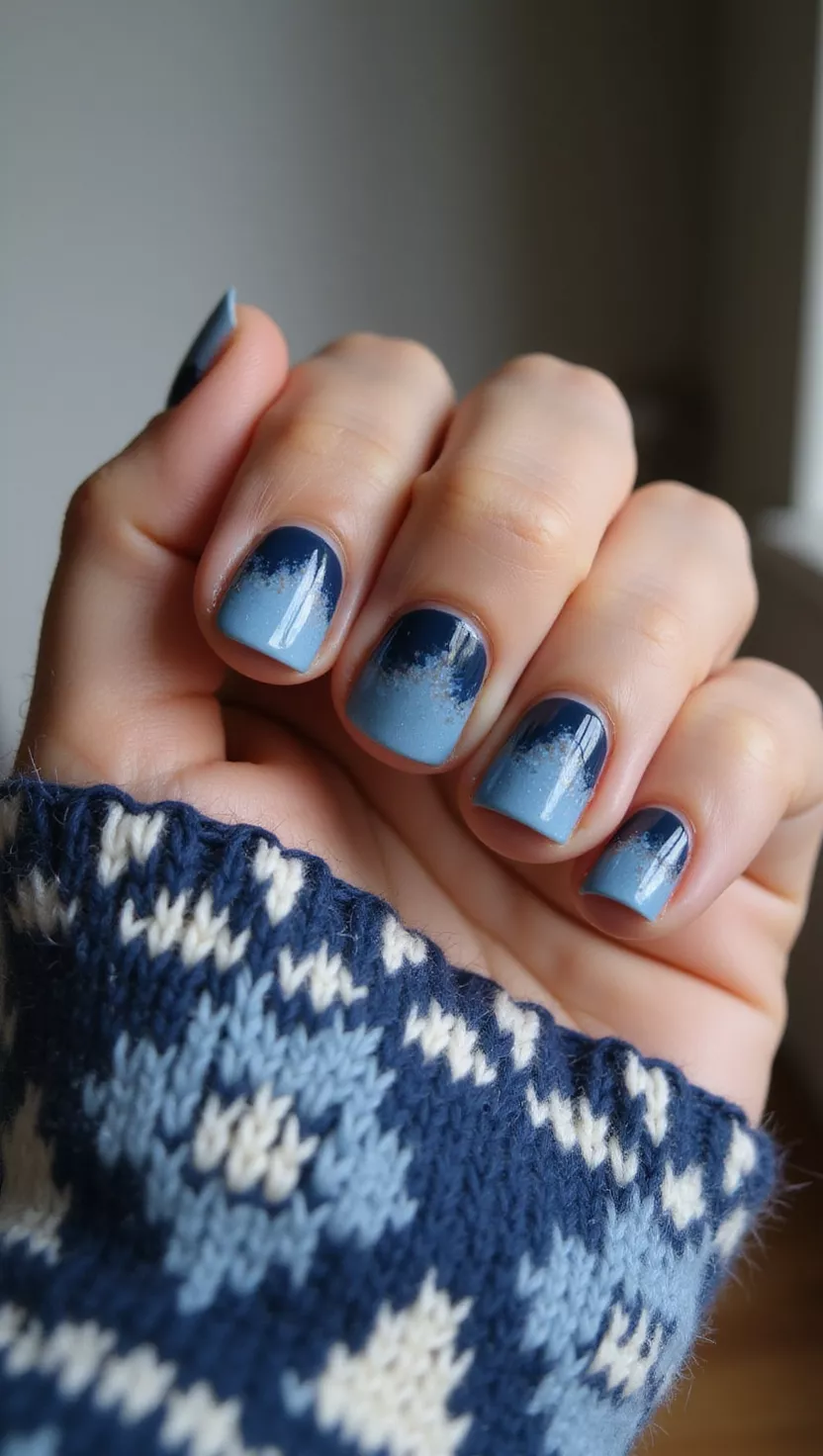 Fair Isle Pattern close-up shot of a woman’s hand with five fingers showing nails with a navy blue base and accents of white and light blue in a geometric, traditional Fair Isle knitted sweater pattern on two nails, room background