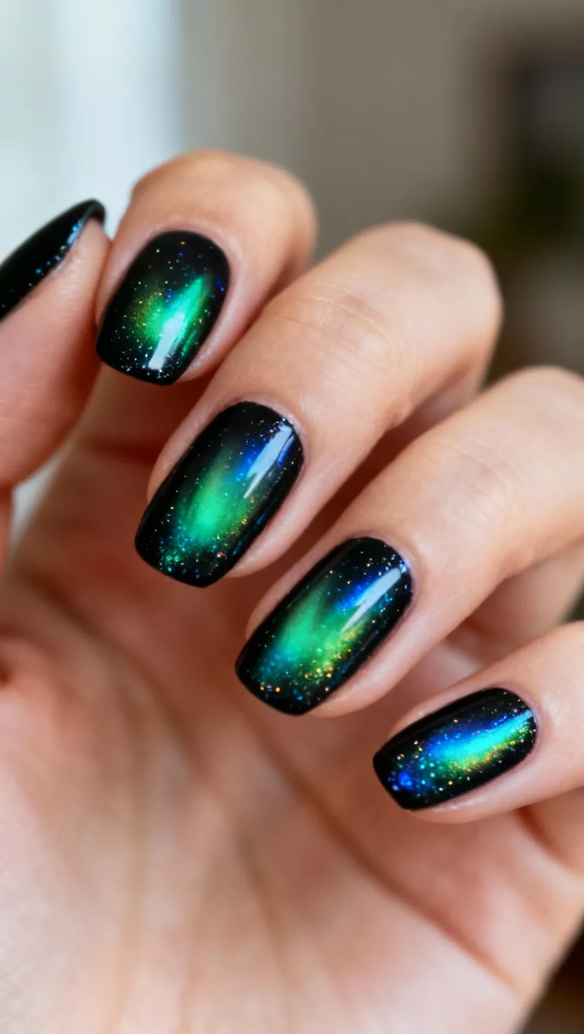 Aurora Borealis Effect close-up photo of a woman’s hand with five fingers showing nails with a black base featuring scattered shift pigments creating a vibrant green and blue aurora borealis effect, room background