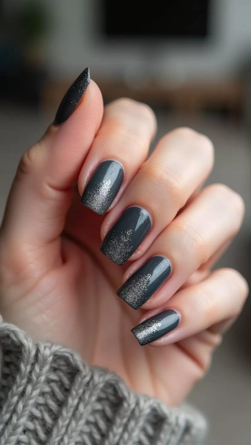 close-up shot of a woman’s hand with five fingers showing nails with a dark graphite gray polish topped with a subtle silver chrome powder buffed into the tip, living room background.