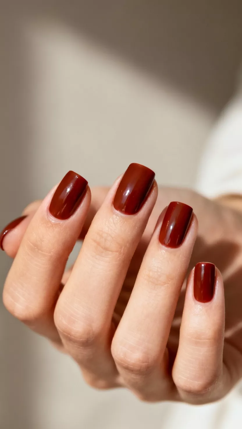 close-up shot of a woman’s hand with five fingers showing nails with a deep, glossy, warm brown-red shade that mimics the color of cherry cola, close-up nail photography, nail polish designs, pinterest aesthetic