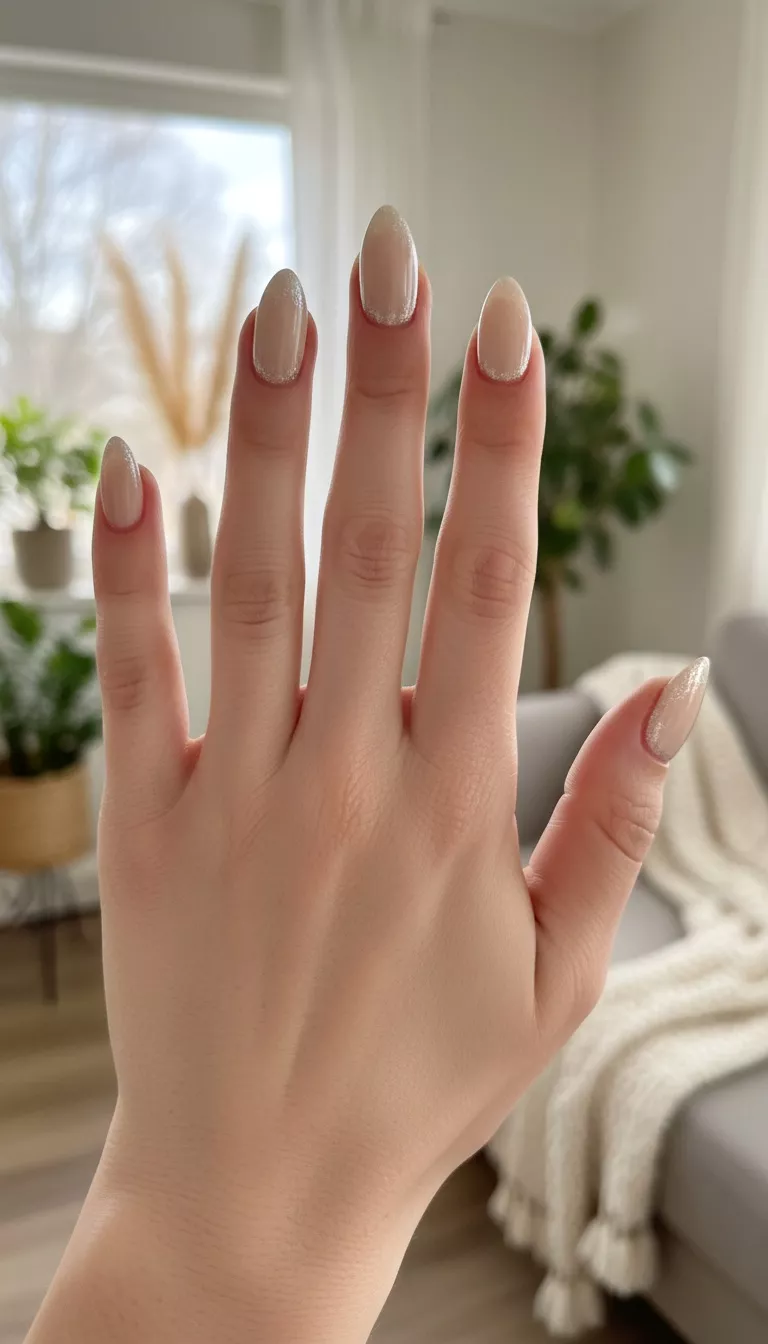 Subtle Chrome Accents on a Neutral Base close-up shot of a woman’s hand with five fingers showing nails with a nude, neutral base color and delicate silver chrome dust accents near the cuticle, room background.