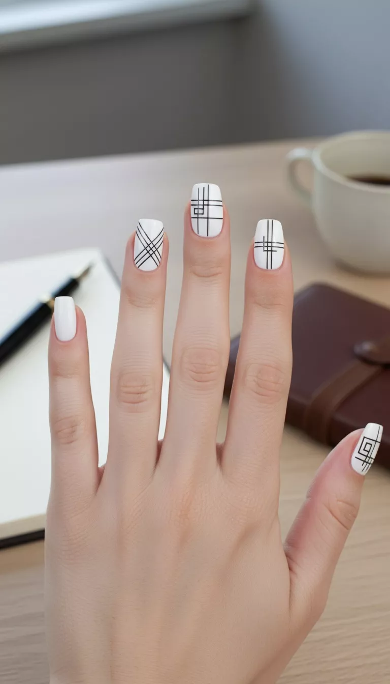 Minimalist Black and White Geometric Lines close-up shot of a woman’s hand with five fingers showing nails with an opaque white base and thin, precise black geometric lines forming abstract patterns, desk background.