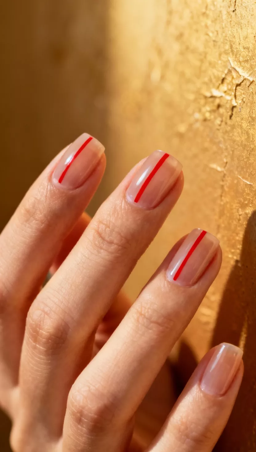 close-up shot of a woman’s hand with five fingers showing nails with a sheer nude base polish featuring a single, delicate vertical line of bright red polish down the center of each nail, warm, textured wall background.