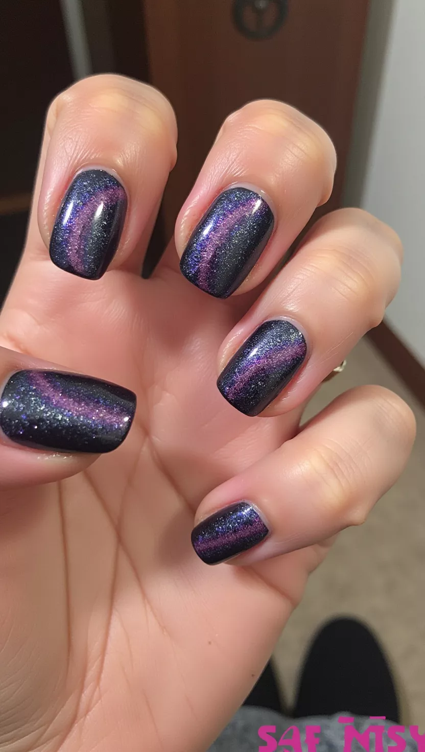 Midnight Blue Galaxy Design close-up photo of a woman’s hand with five fingers showing nails with a swirling midnight blue, purple, and silver glitter galaxy effect, room background
