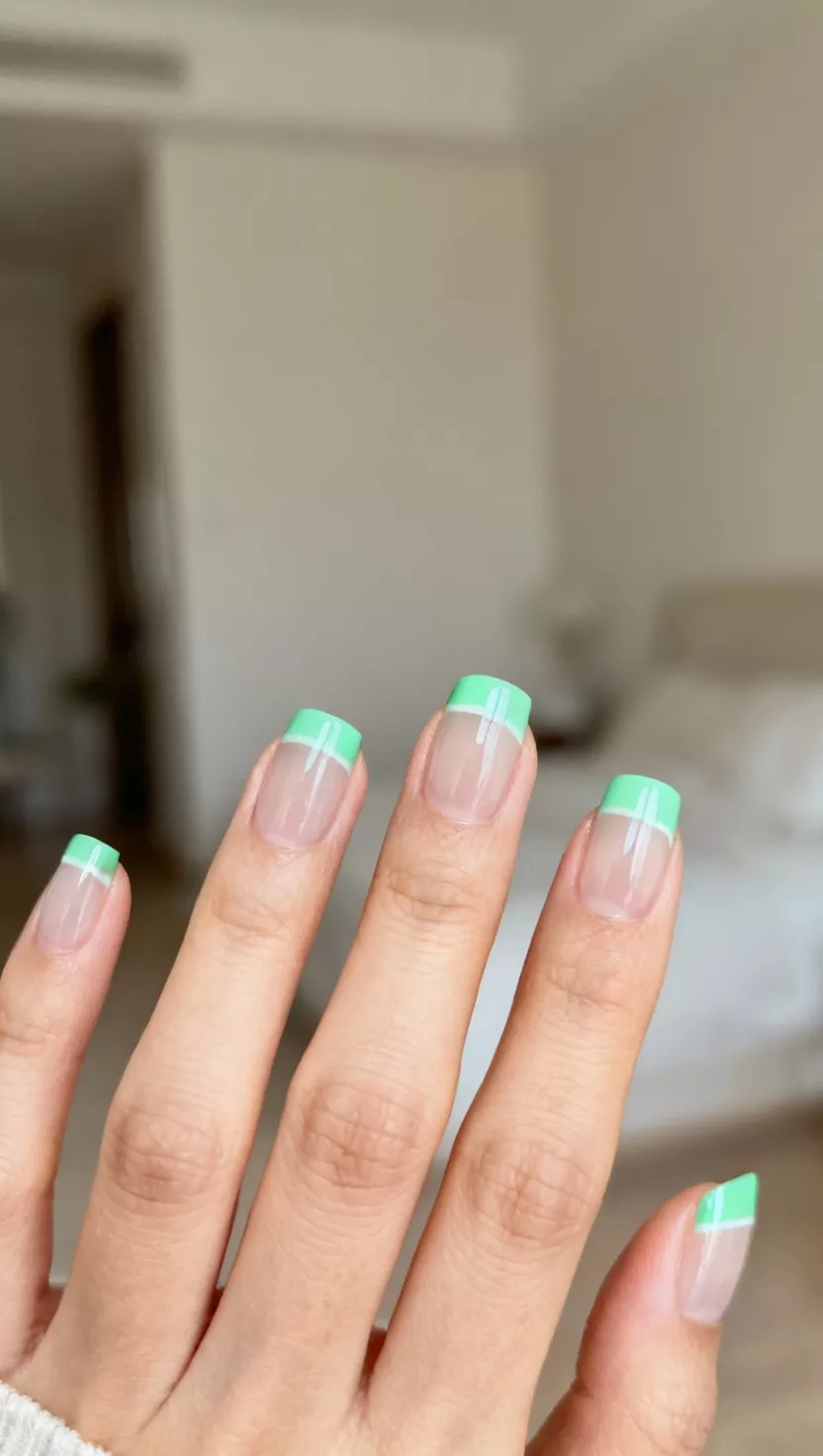 close-up shot of a woman’s hand with five fingers showing nails with a sheer natural base and crisp mint green french tips, room background.