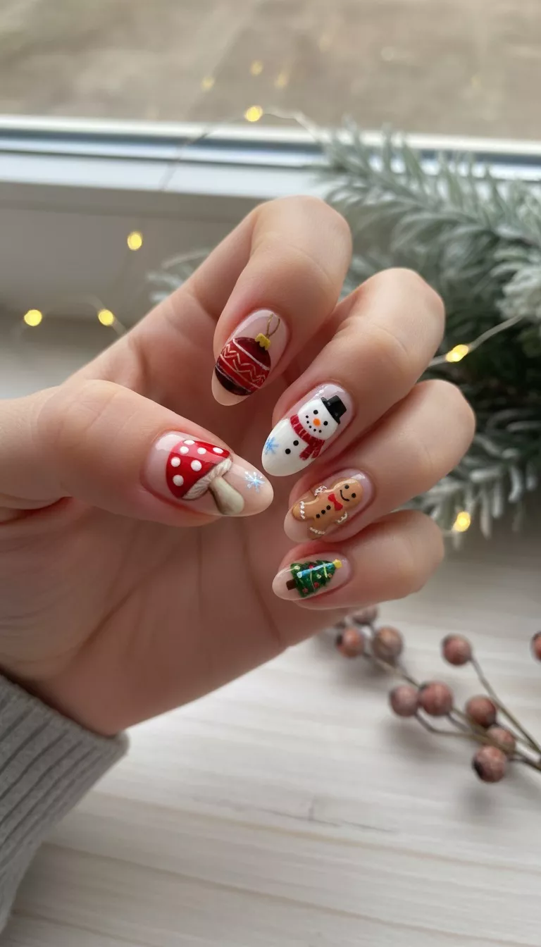 close-up shot of a woman’s hand showing nails with playful Christmas designs: a miniature mushroom, an ornament, a tiny snowman, and a gingerbread man, set against a natural base, close-up nail photography, nail polish designs, pinterest aesthetic