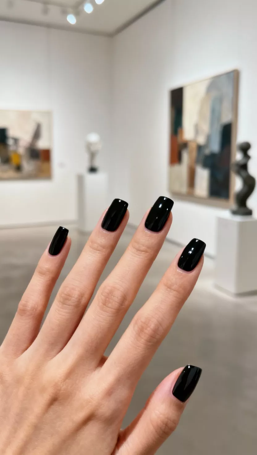 close-up shot of a woman’s hand with five fingers showing nails with a perfectly neat, high-gloss black polish applied only to the tips of natural or nude-colored nails, modern art gallery background.