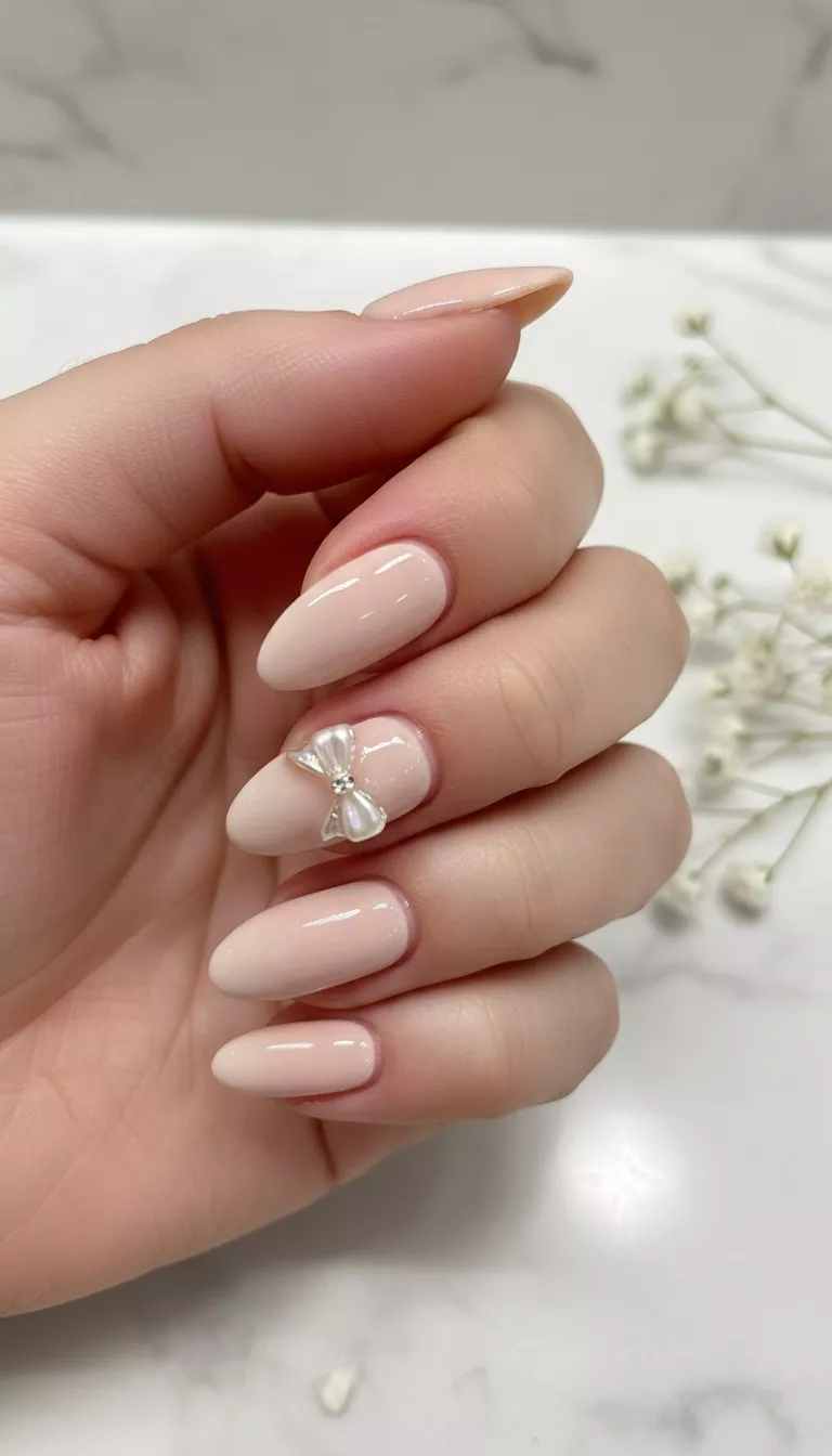 close-up shot of a woman’s hand showing nails with almond-shaped nails in a glossy nude, with a small decorative bow adornment on the ring finger, close-up nail photography, nail polish designs, pinterest aesthetic