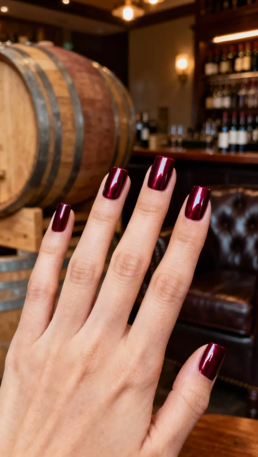 close-up shot of a woman’s hand with five fingers showing nails with a deep, rich merlot red chrome on short, neat square shaped nails, sophisticated wine tasting room background