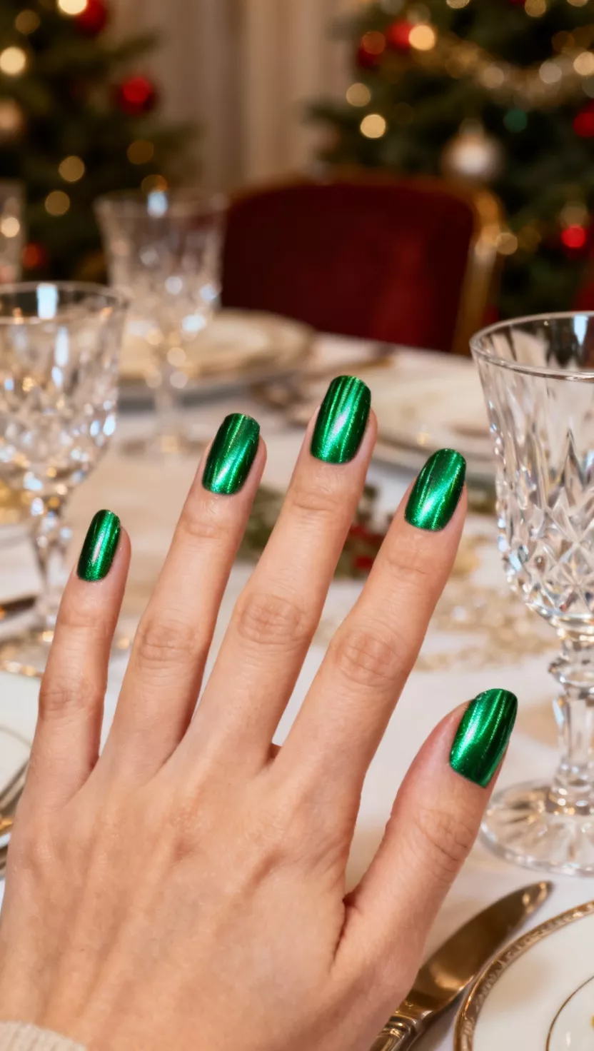 close-up shot of a woman’s hand with five fingers showing nails with a vibrant emerald green chrome with a strong linear holographic shift, opulent holiday dinner table setting with crystal glasses background