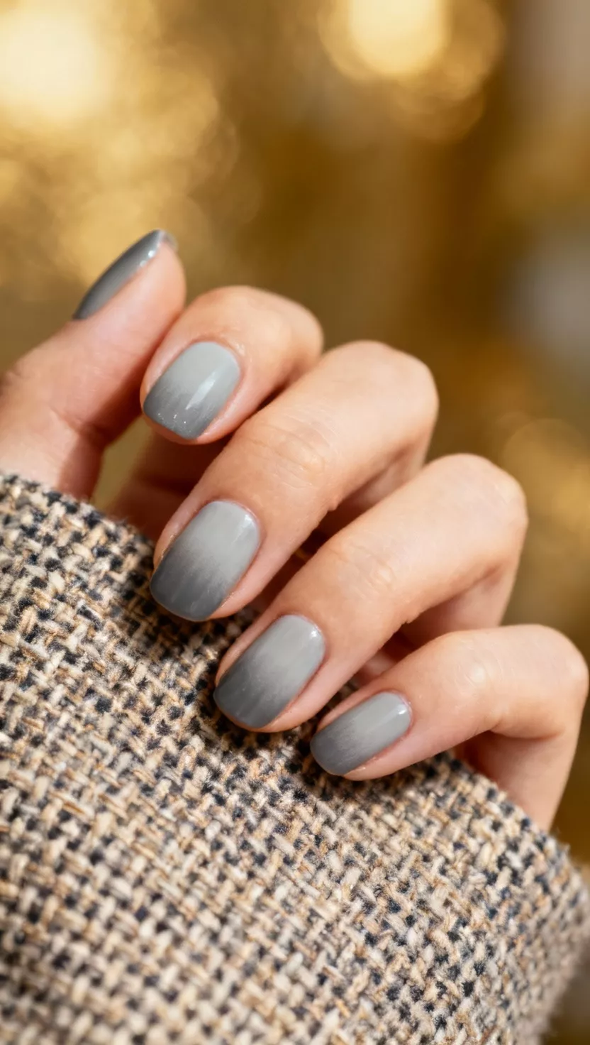 close-up shot of a woman’s hand with five fingers showing nails with a light battleship gray polish fading into a slightly darker ash gray at the cuticle, a textured tweed fabric background.