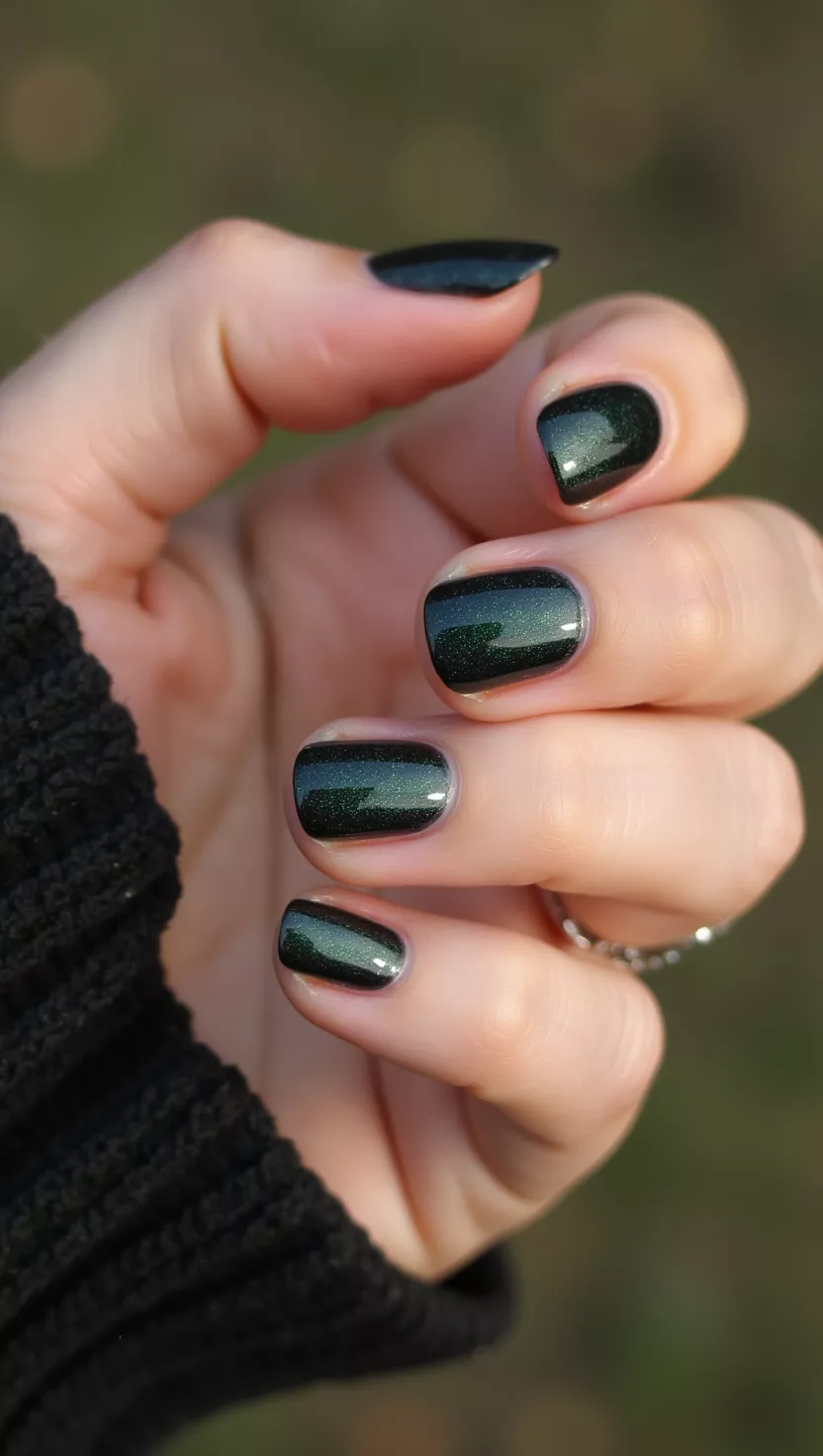 close-up shot of a woman’s hand with five fingers showing nails with an intensely dark black with a subtle, shimmering emerald green undertone, close-up nail photography, nail polish designs, pinterest aesthetic