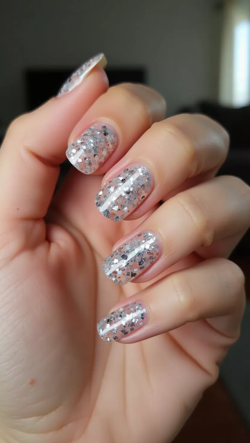 Silver Speckled Confetti close-up shot of a woman’s hand with five fingers showing nails with a clear polish base abundantly speckled with various sizes of holographic silver confetti glitter, living room background.