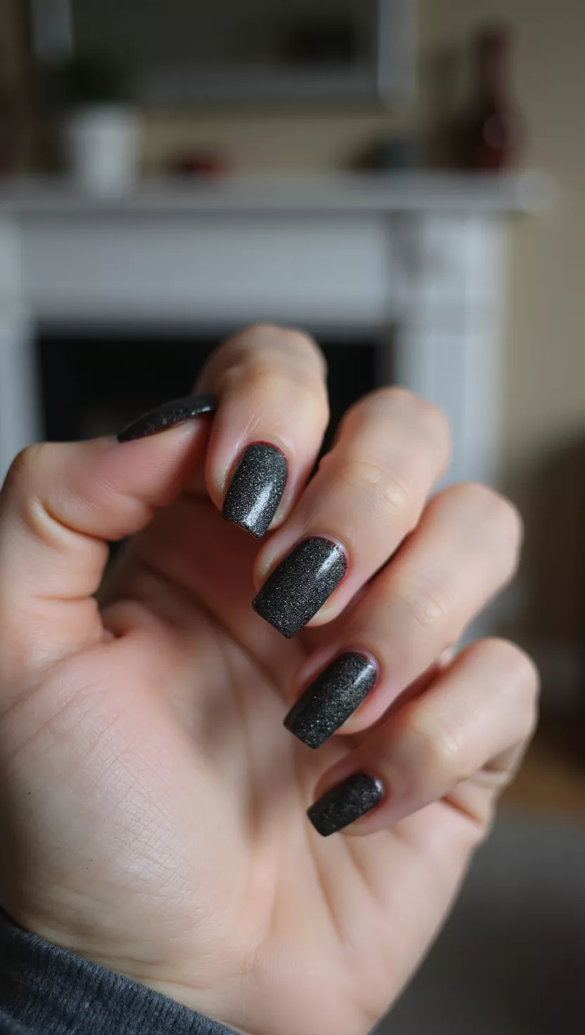 close-up shot of a woman’s hand with five fingers showing nails with a gritty, textured surface resembling coarse black sand or sugar crystals, living room background.