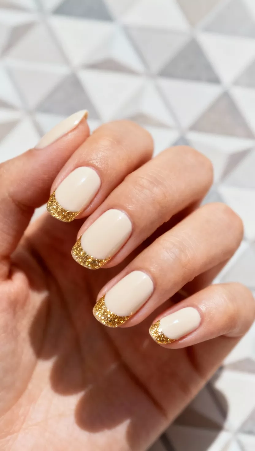 Half-Moon Glitter in a Contrasting Color close-up shot of a woman’s hand with five fingers showing nails with a solid cream-colored polish with a sharply defined half-moon shape near the cuticle filled with fine gold glitter, geometric pattern background.