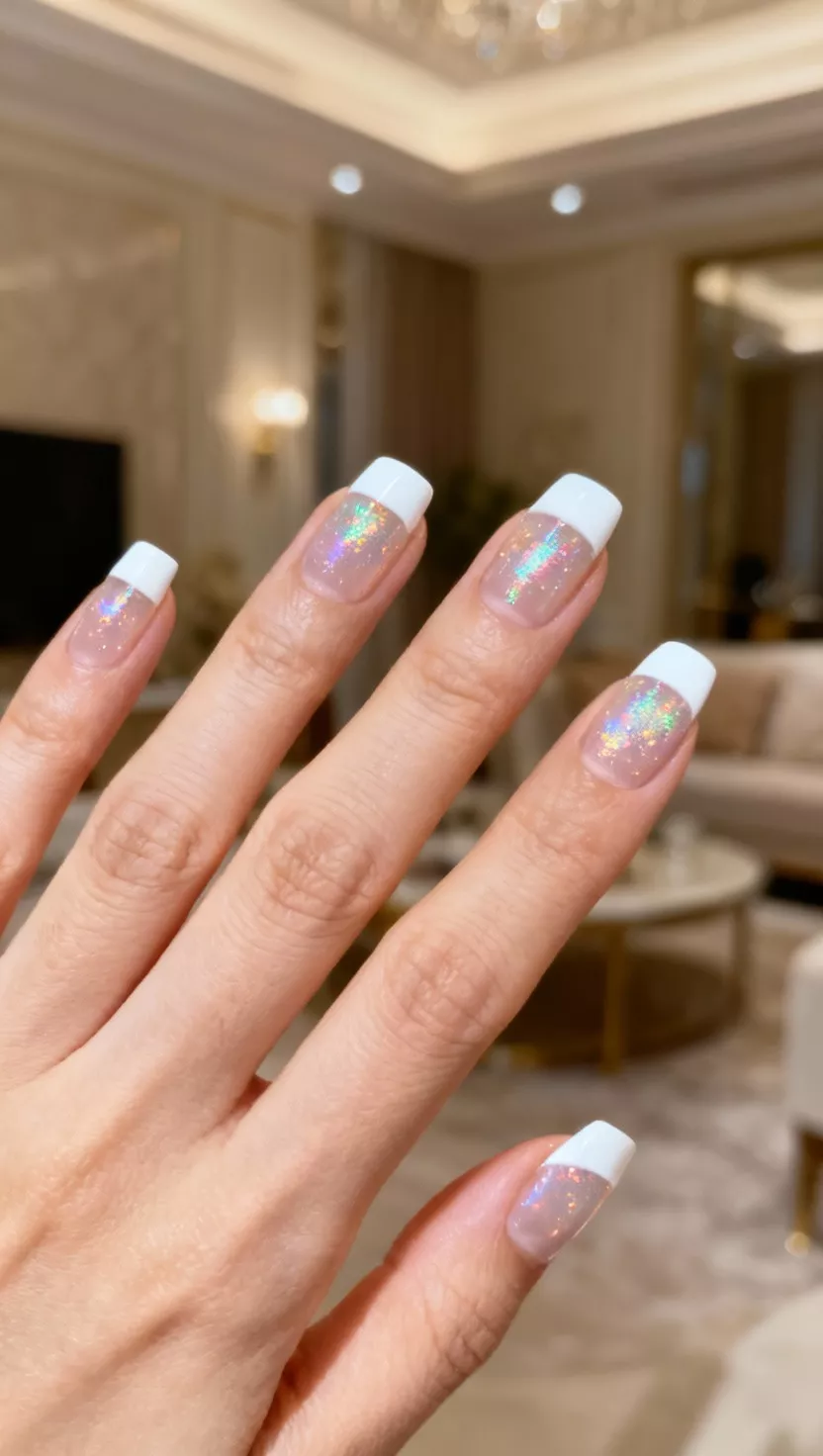 Classic French Manicure with White Tips and Minimal Glitter close-up shot of a woman’s hand with five fingers showing nails with a clean French manicure with bright white tips and a subtle sprinkle of iridescent glitter on the clear base, elegant living room background.