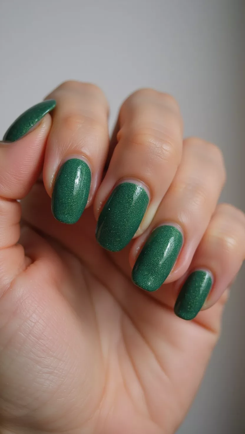 close-up shot of a woman’s hand with five fingers showing nails with a moss green velvet flocking powder finish, room background.