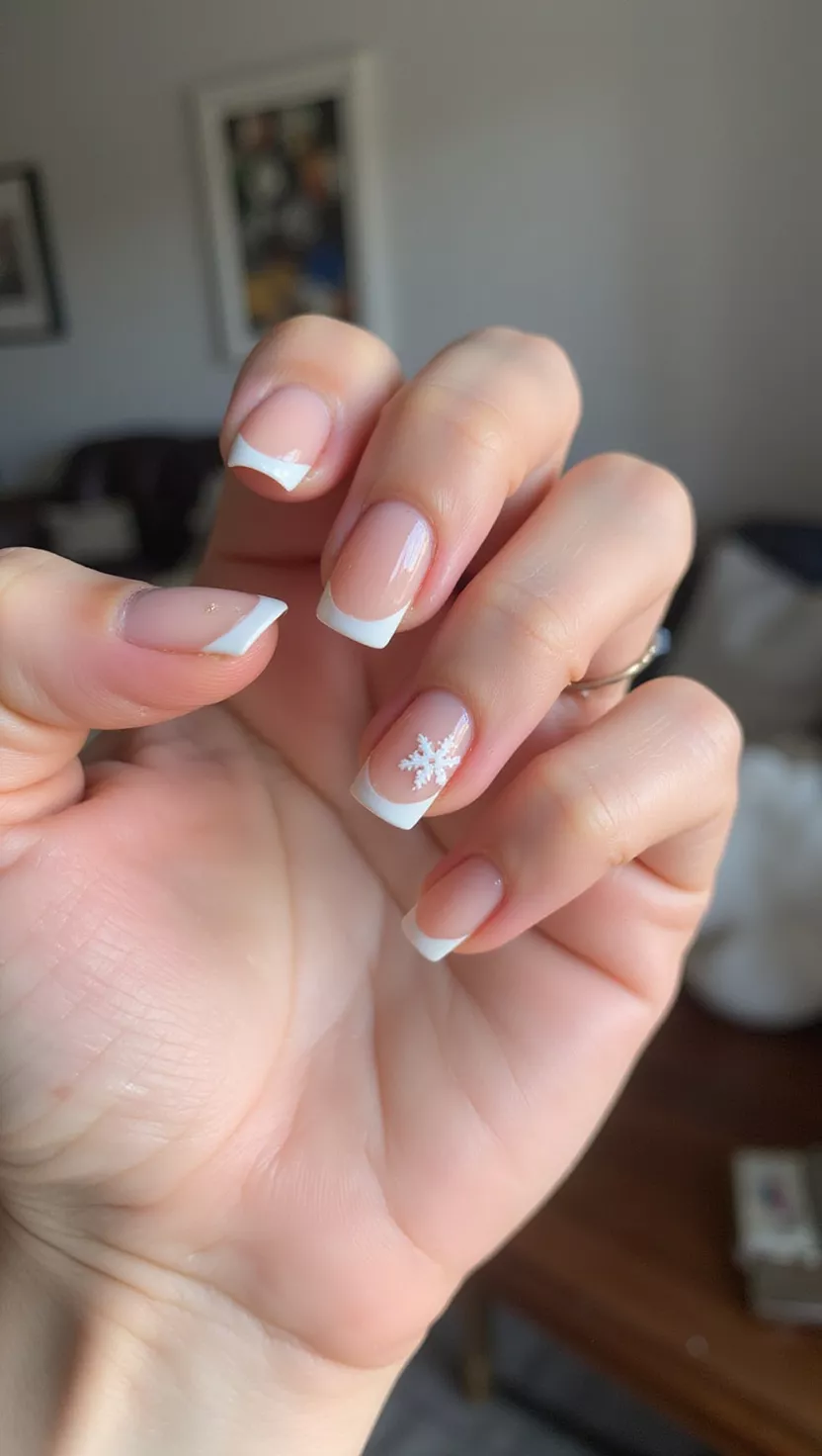 close-up shot of a woman’s hand with five fingers showing nails with a sheer nude base and one tiny white snowflake decal on the ring finger, living room background.