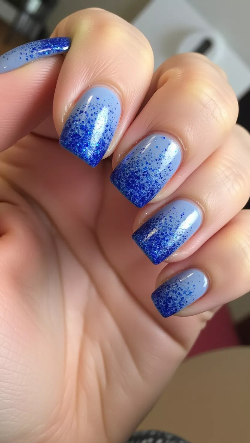 Sapphire Blue Glitter Fade close-up photo of a woman’s hand with five fingers showing nails with an opaque, deep sapphire blue base fading into a dense concentration of matching sapphire blue fine glitter at the tips, room background
