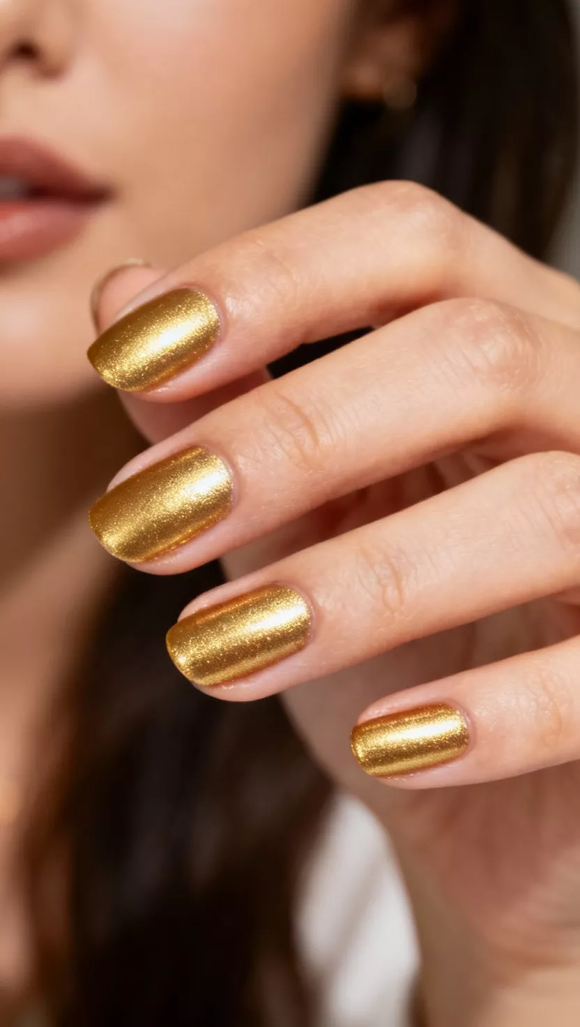 close-up shot of a woman’s hand with five fingers showing nails with a fully opaque, liquid metallic medium gold color with high shimmer, close-up nail photography, nail polish designs, pinterest aesthetic
