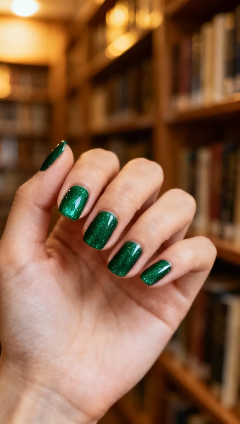 close-up shot of a woman’s hand with five fingers showing nails with a dense, shimmering forest green polish, cozy library background.