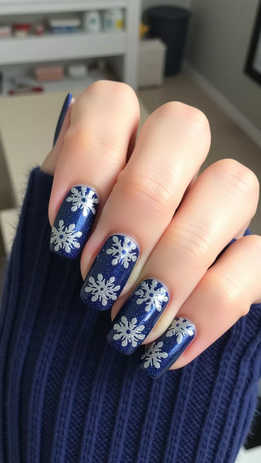 Snowflake Magic close-up shot of a woman’s hand with five fingers showing nails with intricate silver micro-glitter snowflakes over a deep navy blue glossy base, living room background.