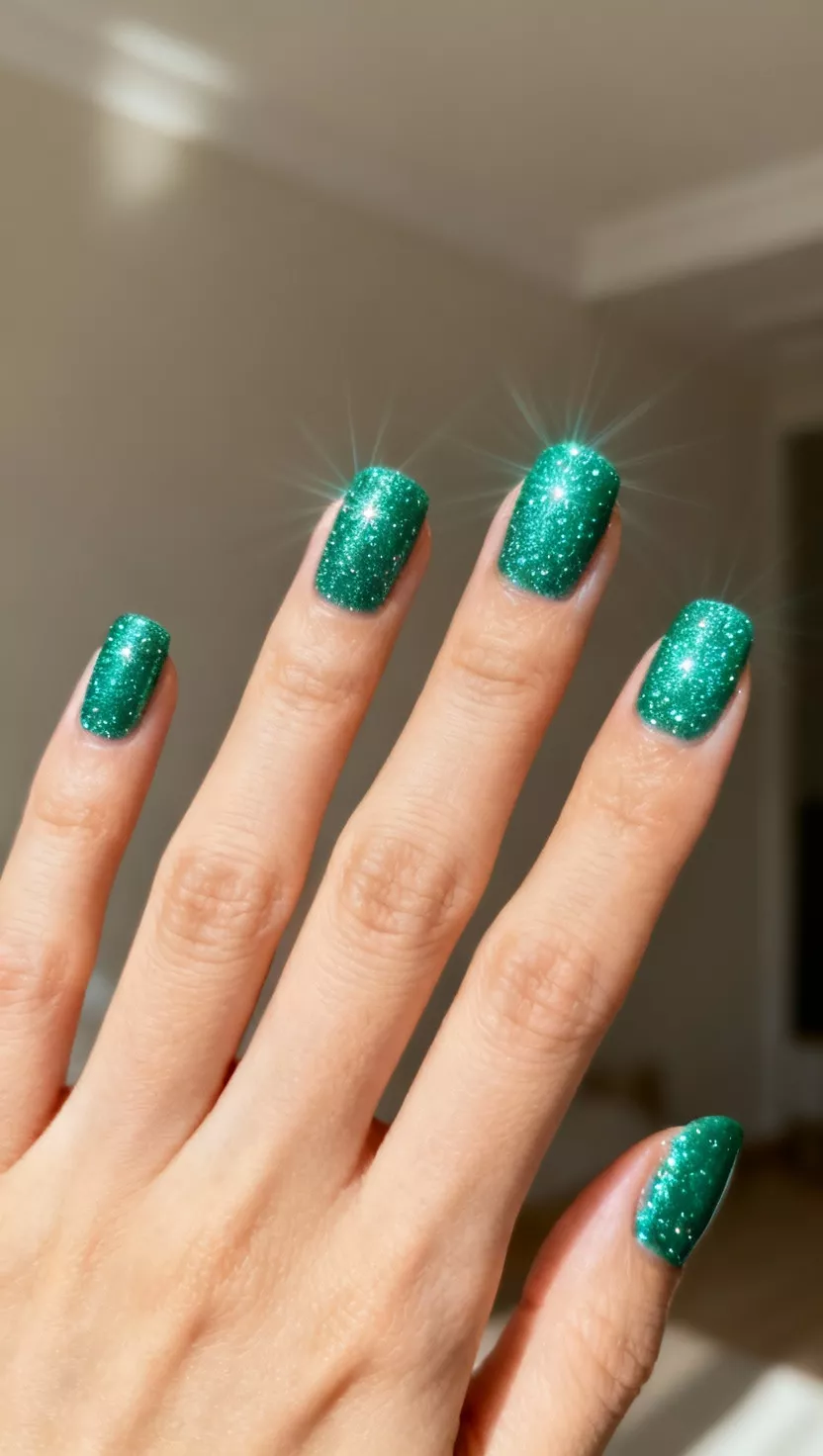 close-up shot of a woman’s hand with five fingers showing nails with a sparkling teal green polish base loaded with fine shimmer, room background.