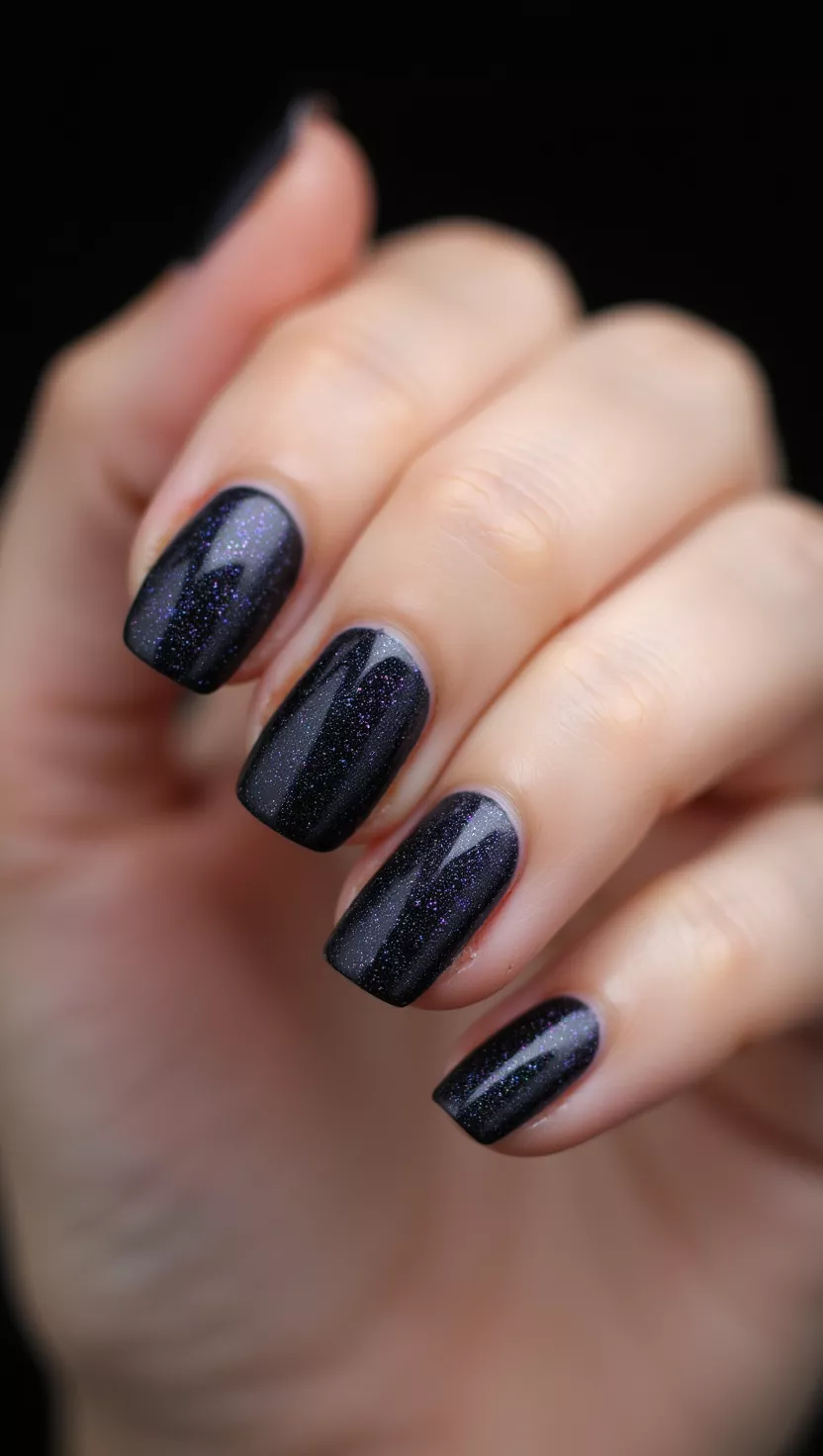 close-up shot of a woman’s hand with five fingers showing nails with a deep, ultra-dark black polish infused with subtle blue or purple micro-glitter, giving a velvety effect, close-up nail photography, nail polish designs, pinterest aesthetic