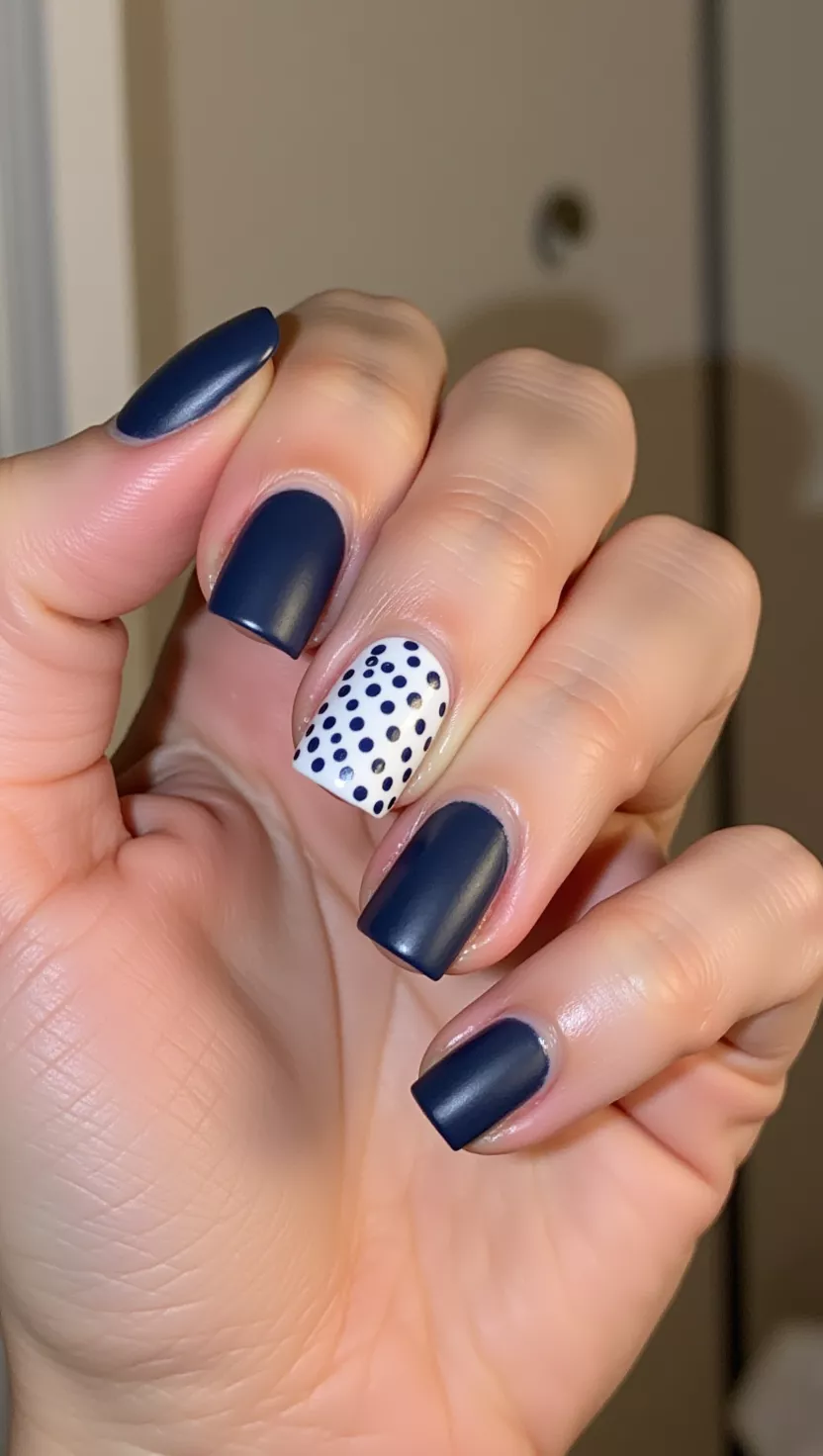 Dot Accent close-up shot of a woman’s hand with five fingers showing nails with a solid, matte navy blue polish on all nails except the ring finger, which has a contrasting white base with navy blue dots in a polka-dot pattern, room background