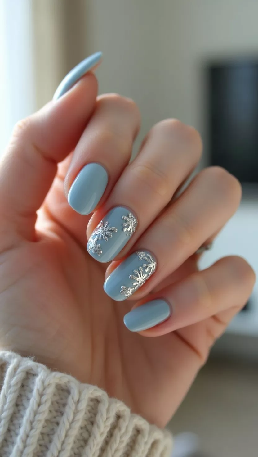close-up shot of a woman’s hand with five fingers showing nails with a sheer pale grayish blue base coat with delicate hand painted silver foil mistletoe designs on two accent nails, bright, living room background.