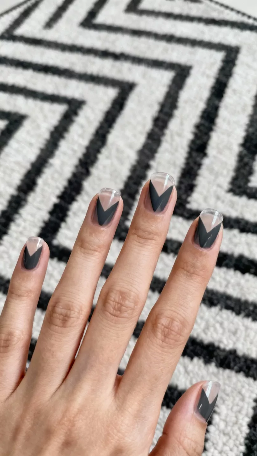 close-up shot of a woman’s hand with five fingers showing nails with a clear base coat with a single, sharp V-shape painted across the center of the nail using a deep charcoal gray, a geometric patterned rug background.
