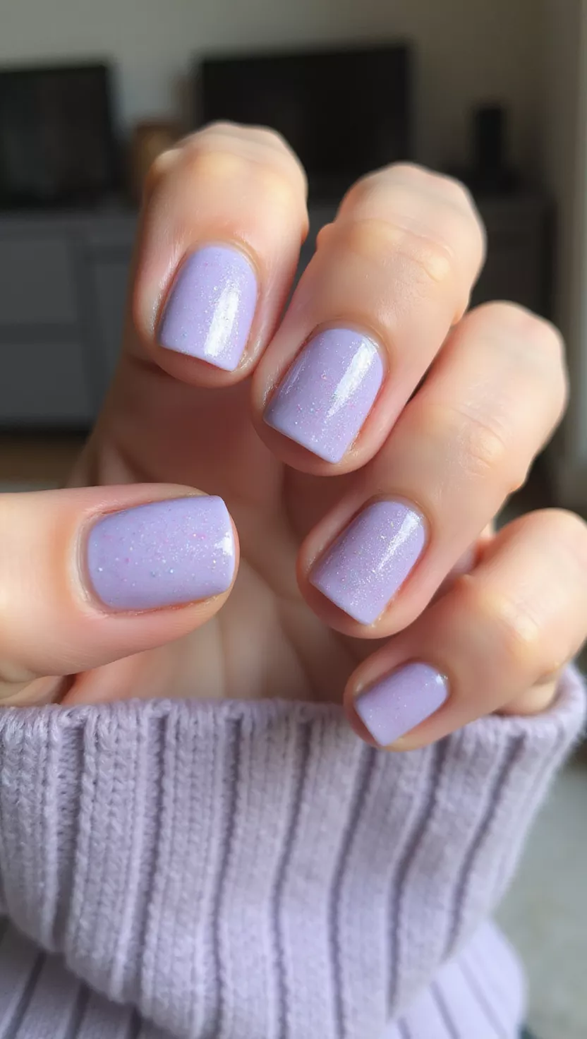 Frosted Lilac Shimmer close-up shot of a woman’s hand with five fingers showing nails with a pale lilac shade dusted with an ultra-fine, pearlescent white shimmer powder, living room background.