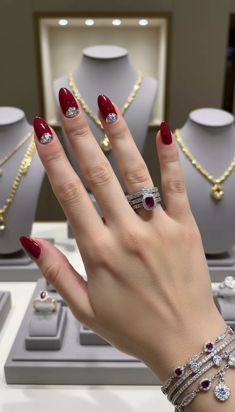 close-up shot of a woman’s hand with five fingers showing nails coated in a rich, opaque ruby red polish, with a tiny, perfect half moon shape at the base (cuticle area) filled with bright silver leaf, fancy jewelry store setting.