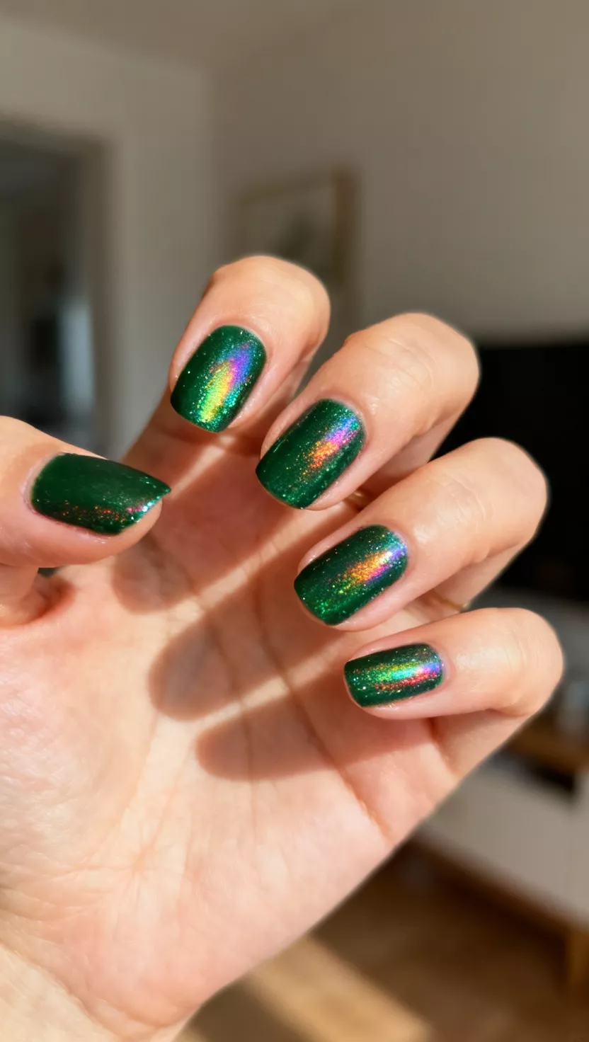 close-up shot of a woman’s hand with five fingers showing nails with a deep forest green holographic polish that reflects rainbow light, room background.