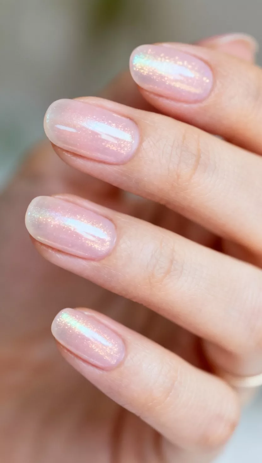 close-up shot of a woman’s hand with five fingers showing nails with a sheer, light pink color infused with a delicate, iridescent pearl shimmer, close-up nail photography, nail polish designs, pinterest aesthetic