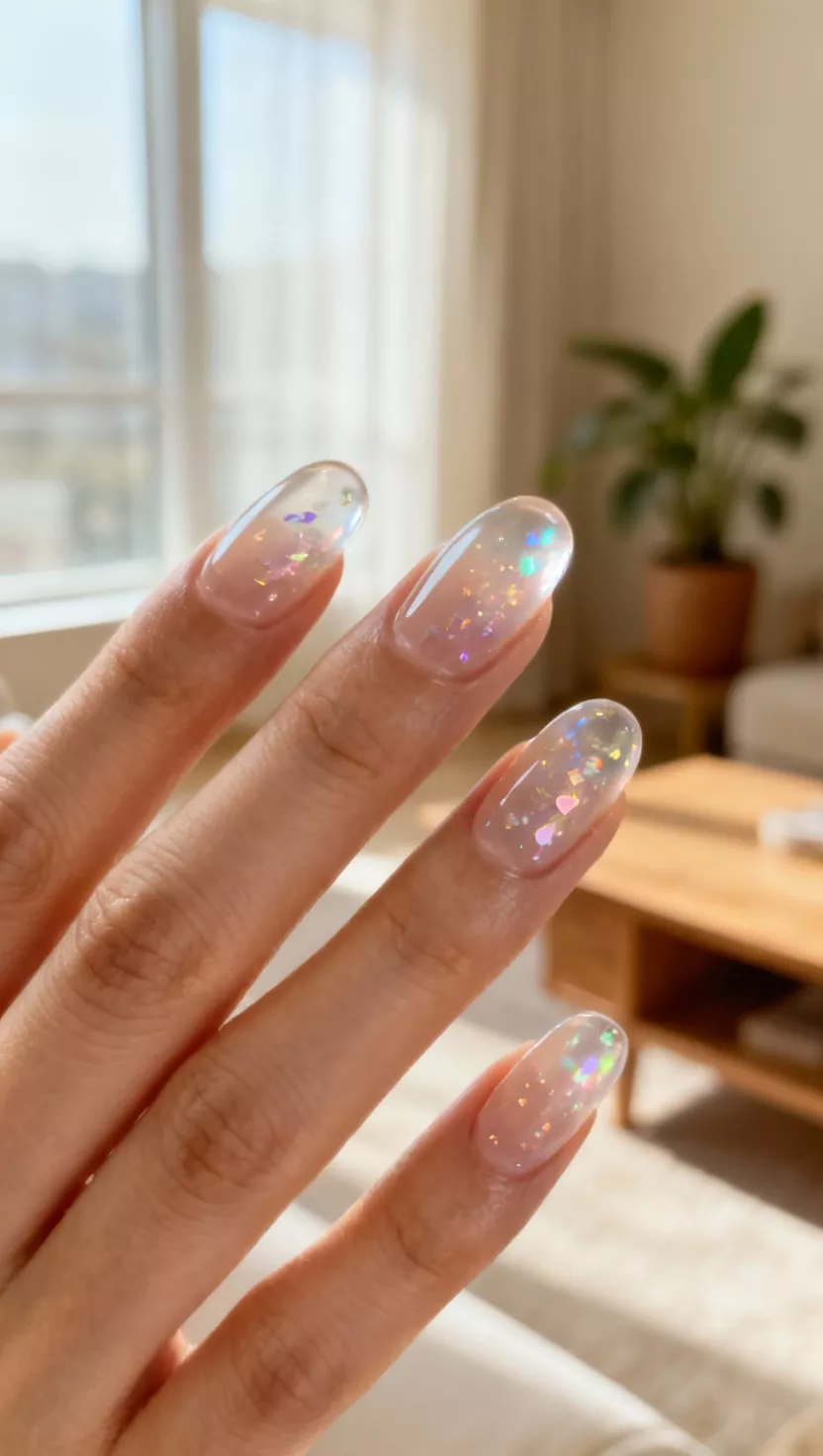 close-up shot of a woman’s hand with five fingers showing nails with a thick, clear gel overlay creating a high dome effect, featuring tiny loose iridescent flakes underneath, living room background.