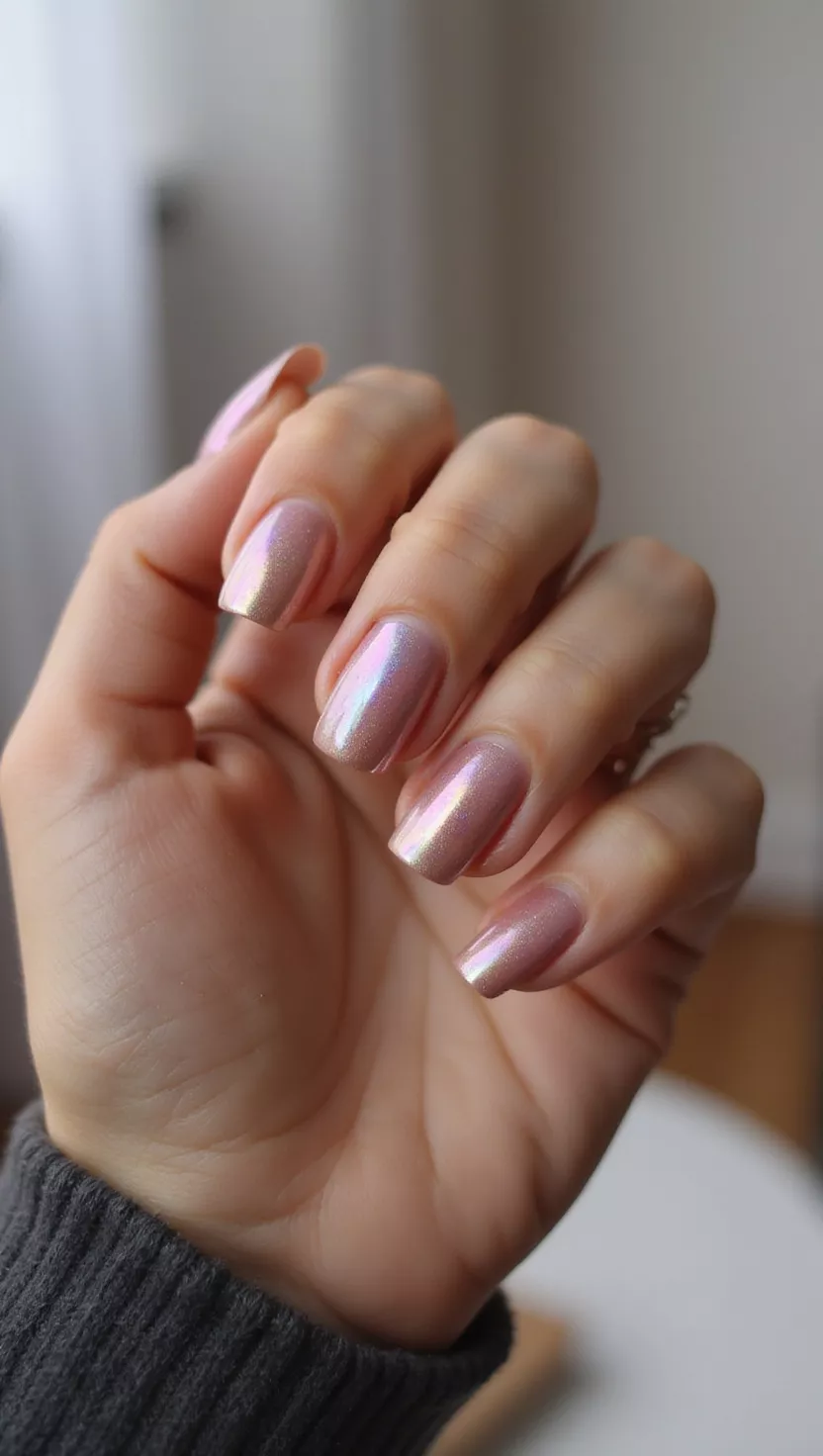 close-up shot of a woman’s hand with five fingers showing nails with a holographic chrome that shifts predominantly between soft pink and light gold, living room background